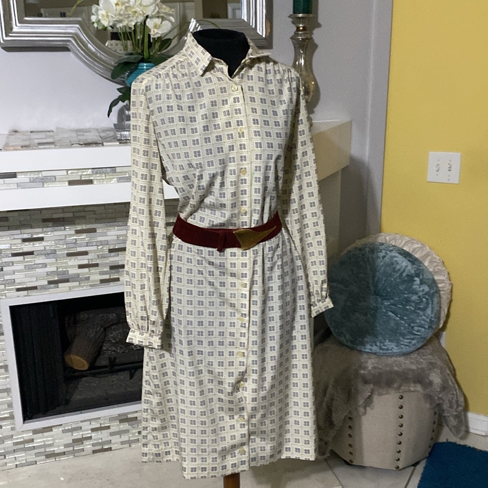 Vtg 70s Pierre Balmain Paris lightweight geometric front button shirt dress